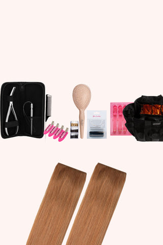 Beaded Weft Pro Starter Kit for hair extensions displayed with tools and accessories.