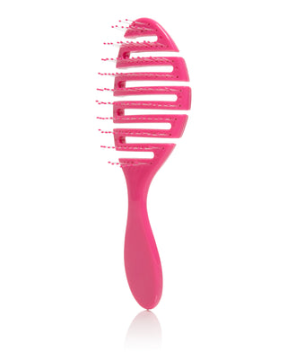 A pink hairbrush featuring a comfortable handle, designed for effortless styling and grooming of hair.