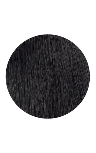 Jet black highlights hair extensions on a white background with hand flowing through the hair