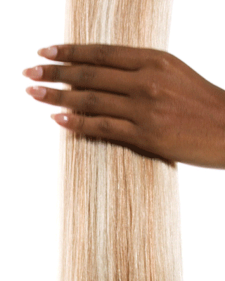 Animation of beach blonde highlighted hair extensions by Glam Seamless.
