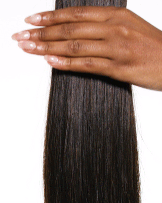 Animated gif displaying Glam Seamless espresso hair extensions, featuring a deep, rich brown shade with a smooth texture.