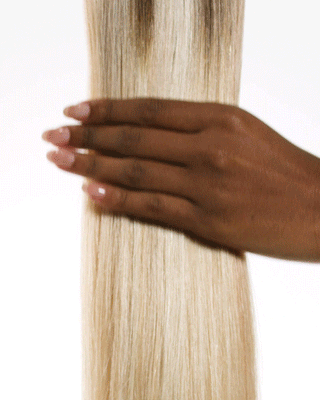 Animated GIF showcasing Glam Seamless Rooted Golden Balayage hair extensions, highlighting the blend of golden tones and balayage technique