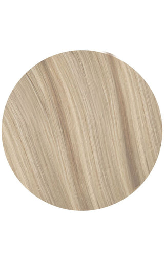 Blonde hair colored extensions swatch on a white background.