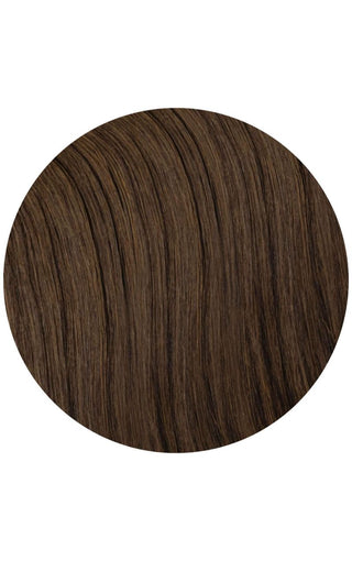 A hair extension with chocolate brown highlights on a white background.