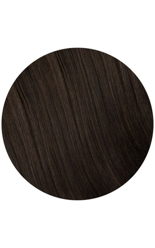 Dark brown hair extensions swatch on a white background.