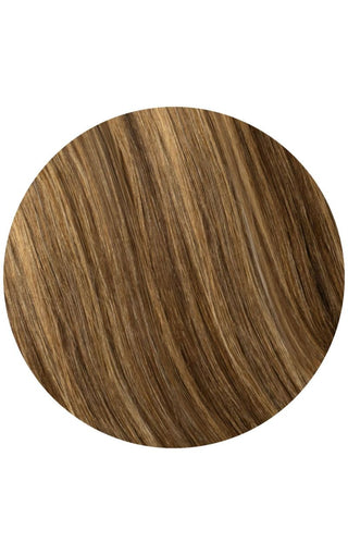 Honey bronze with caramel highlights swatch of hair strand example on a white background.