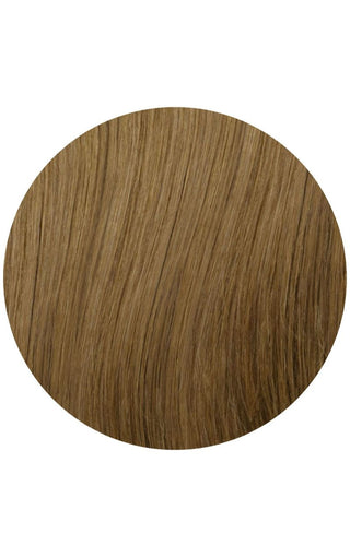 Honey brown with highlights swatch of hair extension strand example on a white background