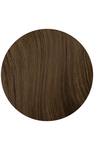 Light chocolate brown highlights swatch of hair strand example on a white background.