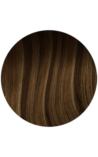 Close-up look of mocha bronde balayage hair extension swatch example on a white background