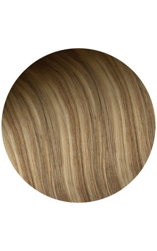 Ash brown highlighted hair extension example on a white background