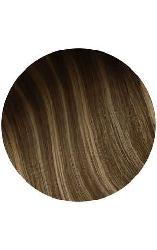 Caramelt highlighted hair extension example on a white background