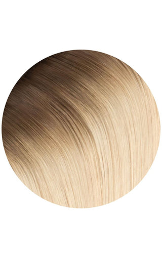 A circle of hair extensions made from brown and blonde hair, Glam Seamless santa monica extension against a white background