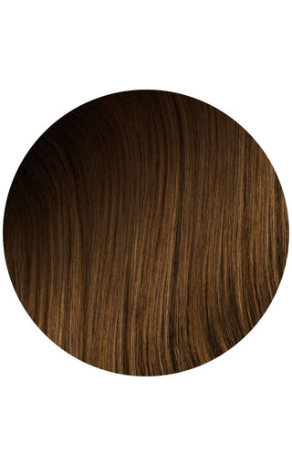 Soft brunette balayage hair extension swatch example on a white background.