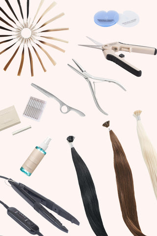 Various hair products including scissors, combs, and hair extensions for styling and grooming hair.