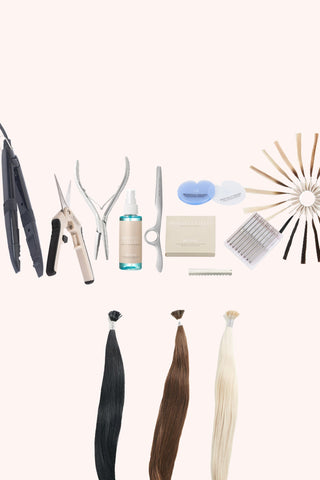 A hair extension kit with a range of hair products, including scissors, combs, and hair extensions.