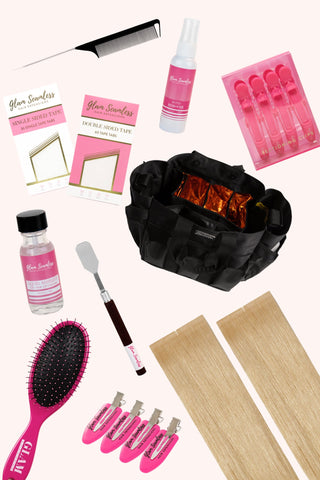 Pro starter kit for tape-in hair extensions displayed with tools and accessories.