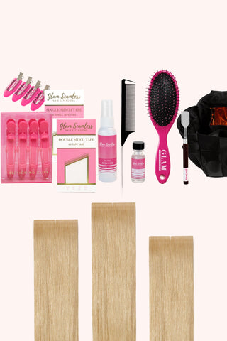 Pro starter kit for tape-in hair extensions displayed with tools and accessories.